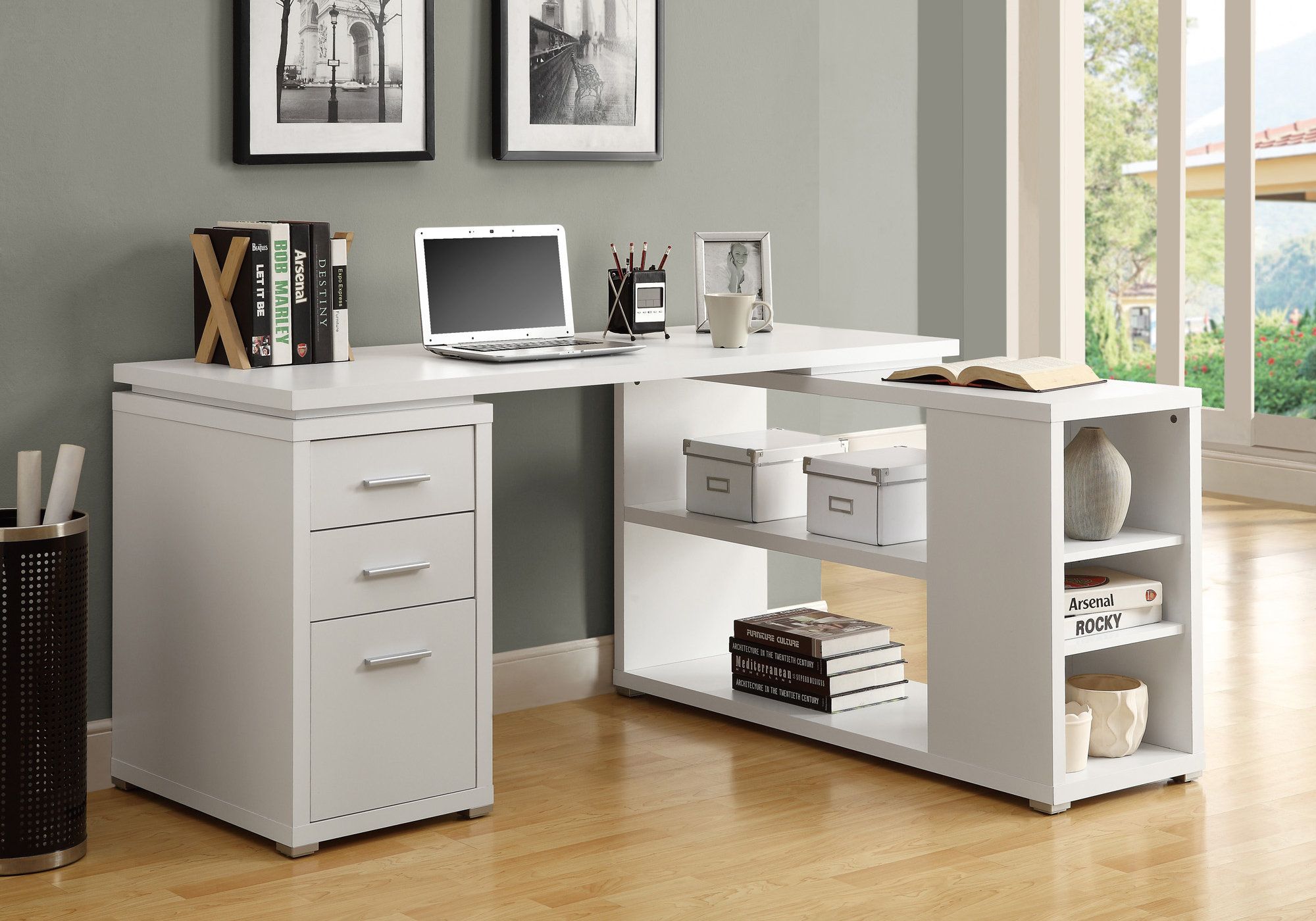 Monarch L Shaped Contemporary Office Computer Desk w/ Drawers, White (Damaged)