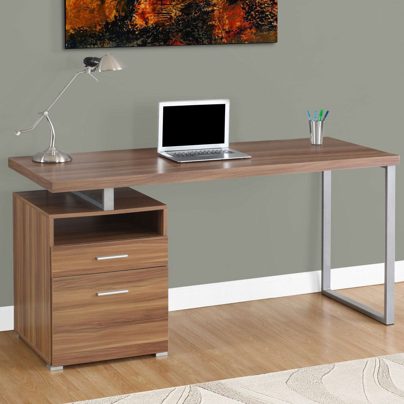 Monarch Specialties 60" Modern Home Computer Desk with Filing Drawer, Walnut
