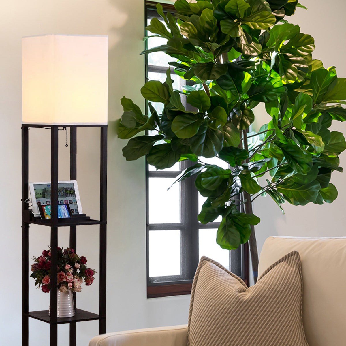 Brightech Maxwell Tower Floor Lamp with Shelves and USB Port, Black (Open Box)