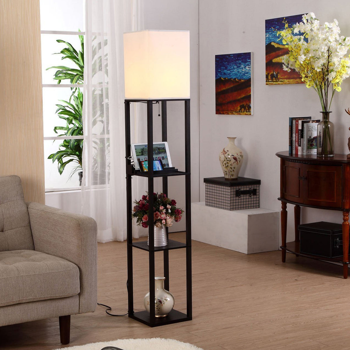 Brightech Maxwell Tower Floor Lamp with Shelves and USB Port, Black (Open Box)