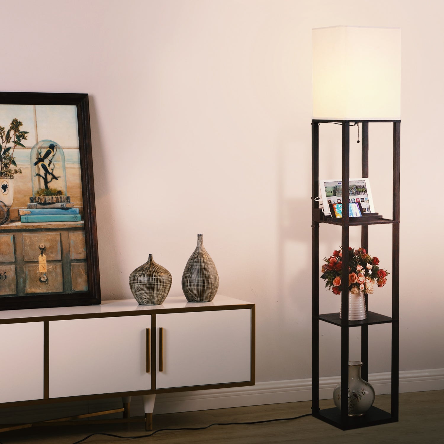 Brightech Maxwell Tower Floor Lamp with Shelves and USB Port, Black (Open Box)