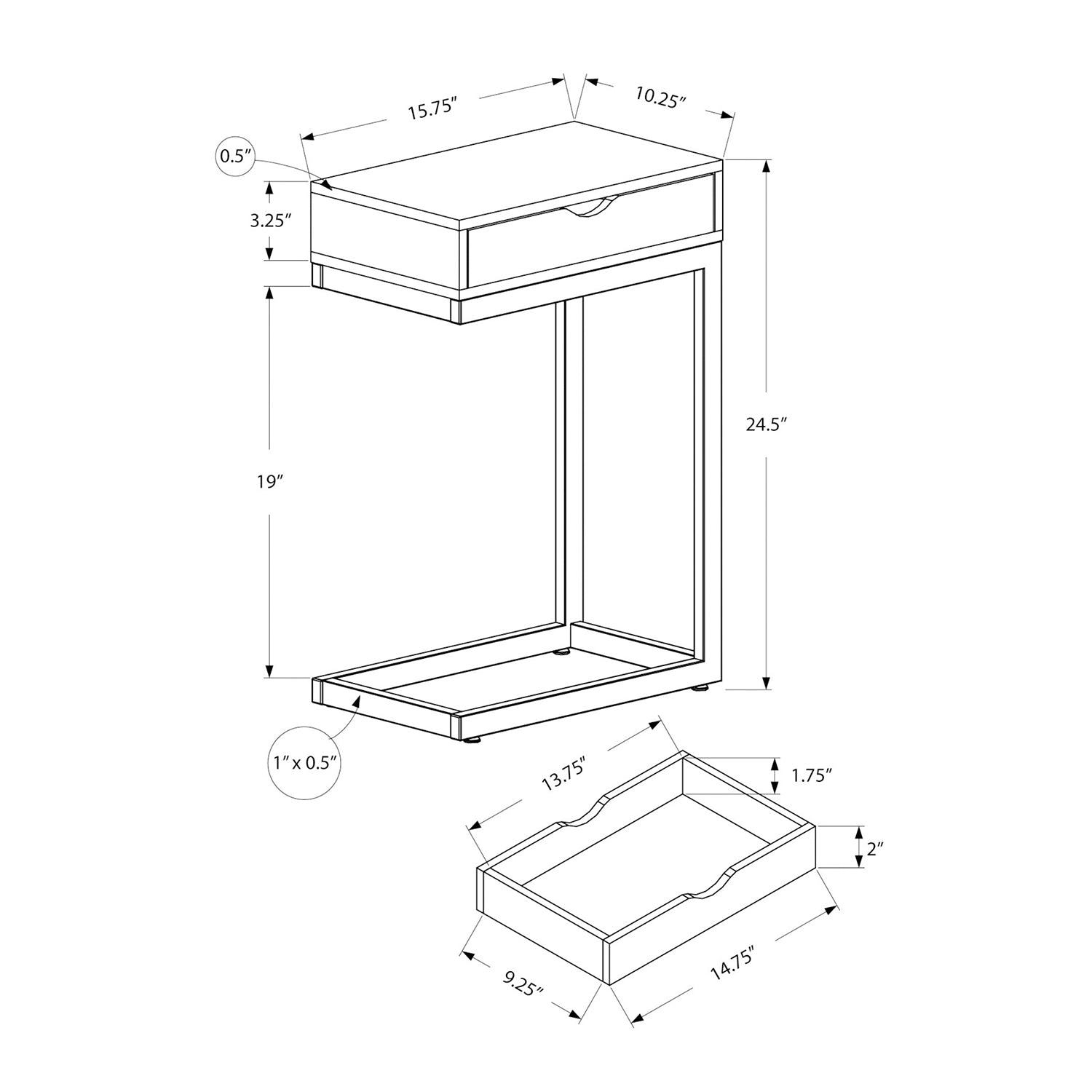 Monarch Specialties 24.5 Inch Accent C Shaped Table with Drawer (For Parts) - VMInnovations