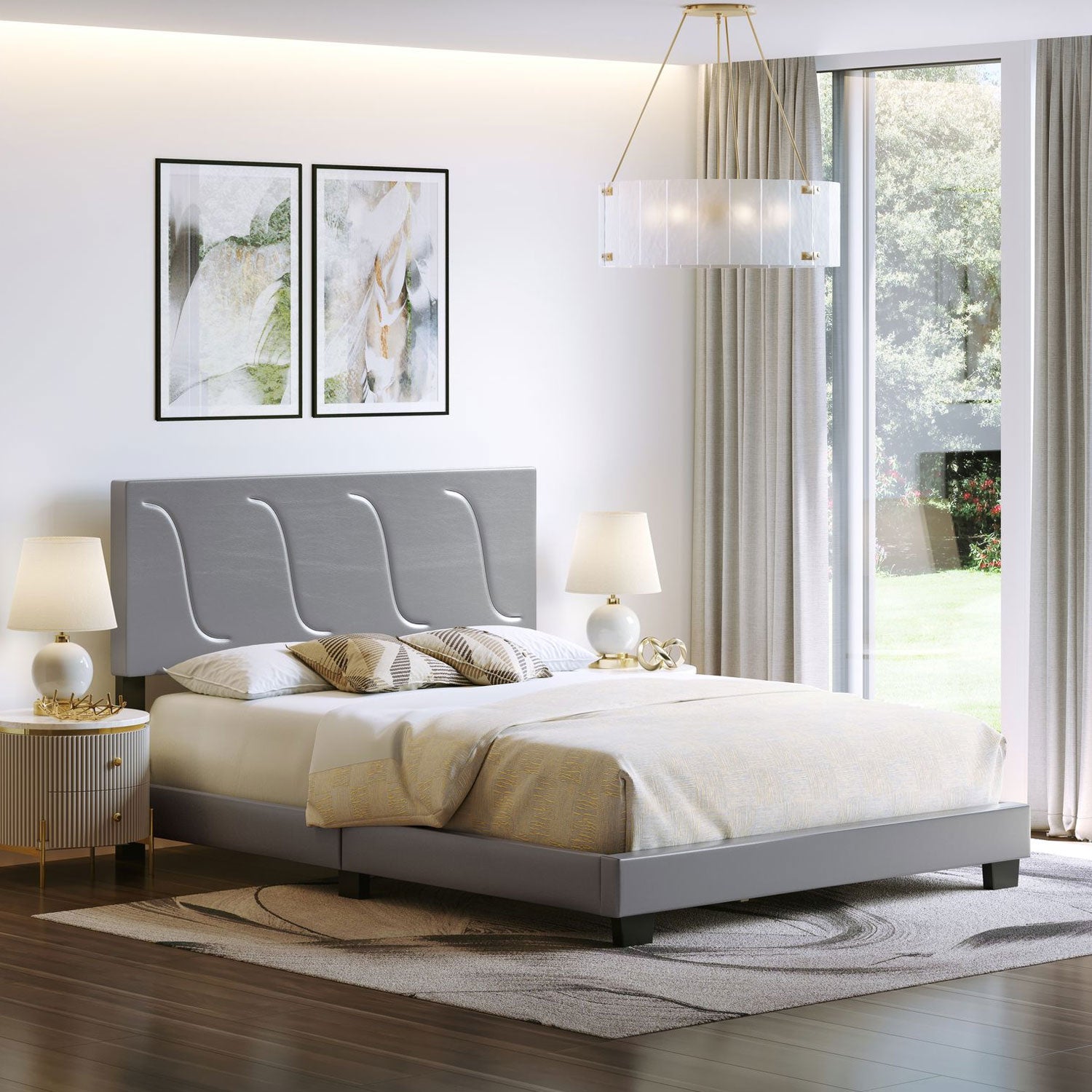 Boyd Sleep Brussels Faux Leather King Platform Bed Frame and Headboard, Grey - VMInnovations