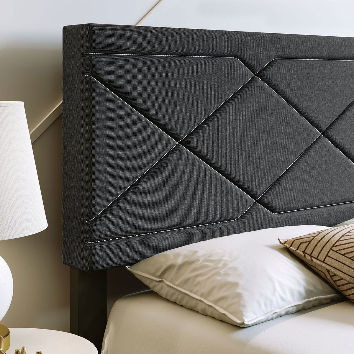 Boyd Sleep Boullion Linen Upholstered Queen Platform Bed Frame, Charcoal Grey - VMInnovations