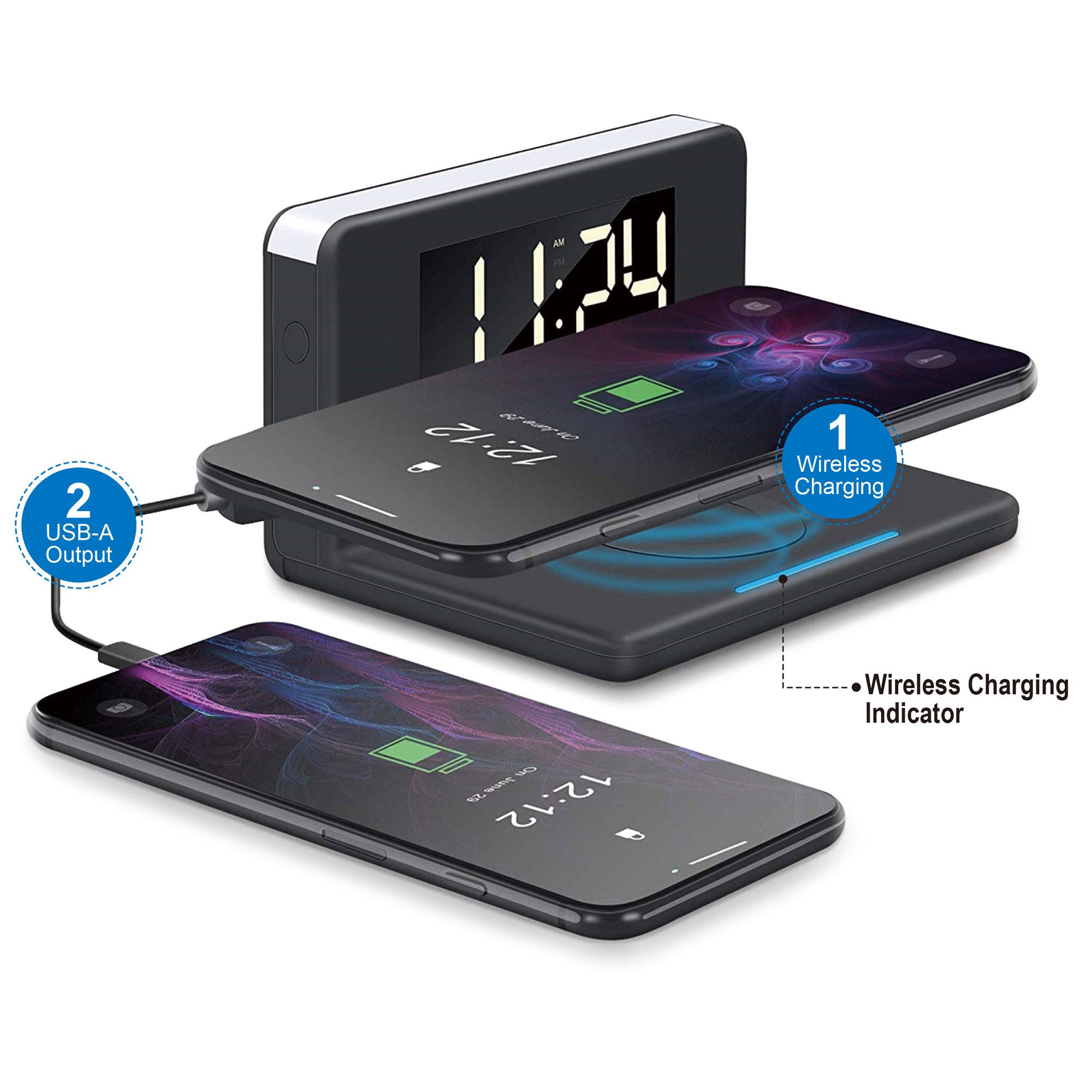 Nippon WAC-5251BLK iStuff 3 in 1 Illuminated Wireless Charge Alarm Clock, Black