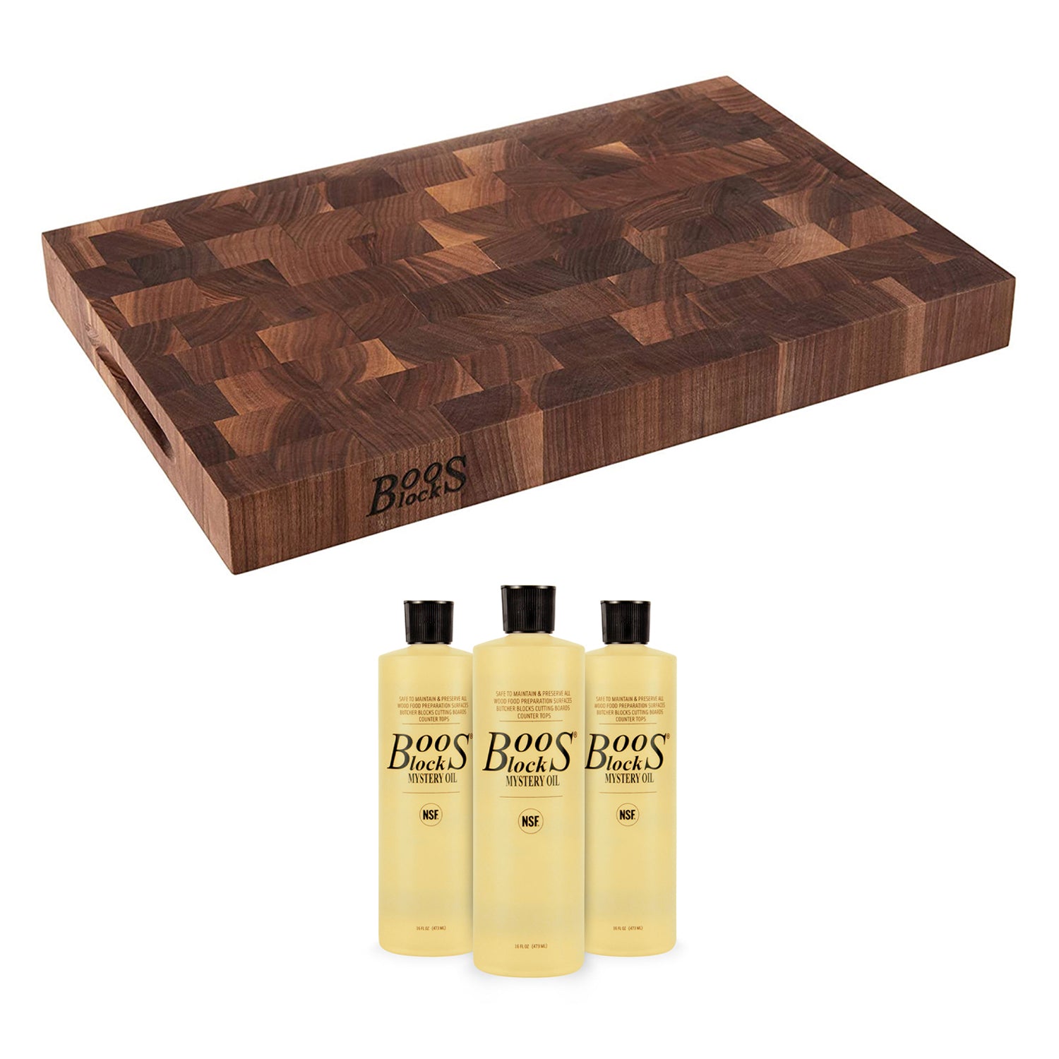 John Boos Walnut Reversible 18 x 12 Cutting Board & 3 Piece Maintenance Oil Set