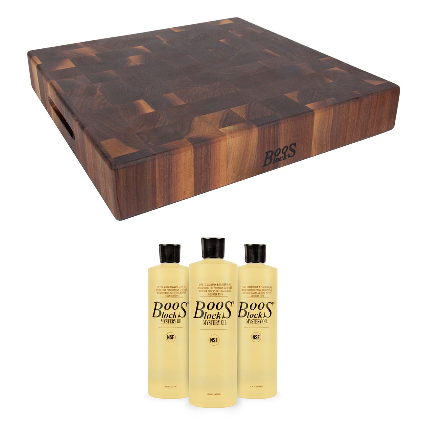 John Boos Walnut Reversible 18 x 18" Cutting Board & 3 Piece Maintenance Oil Set