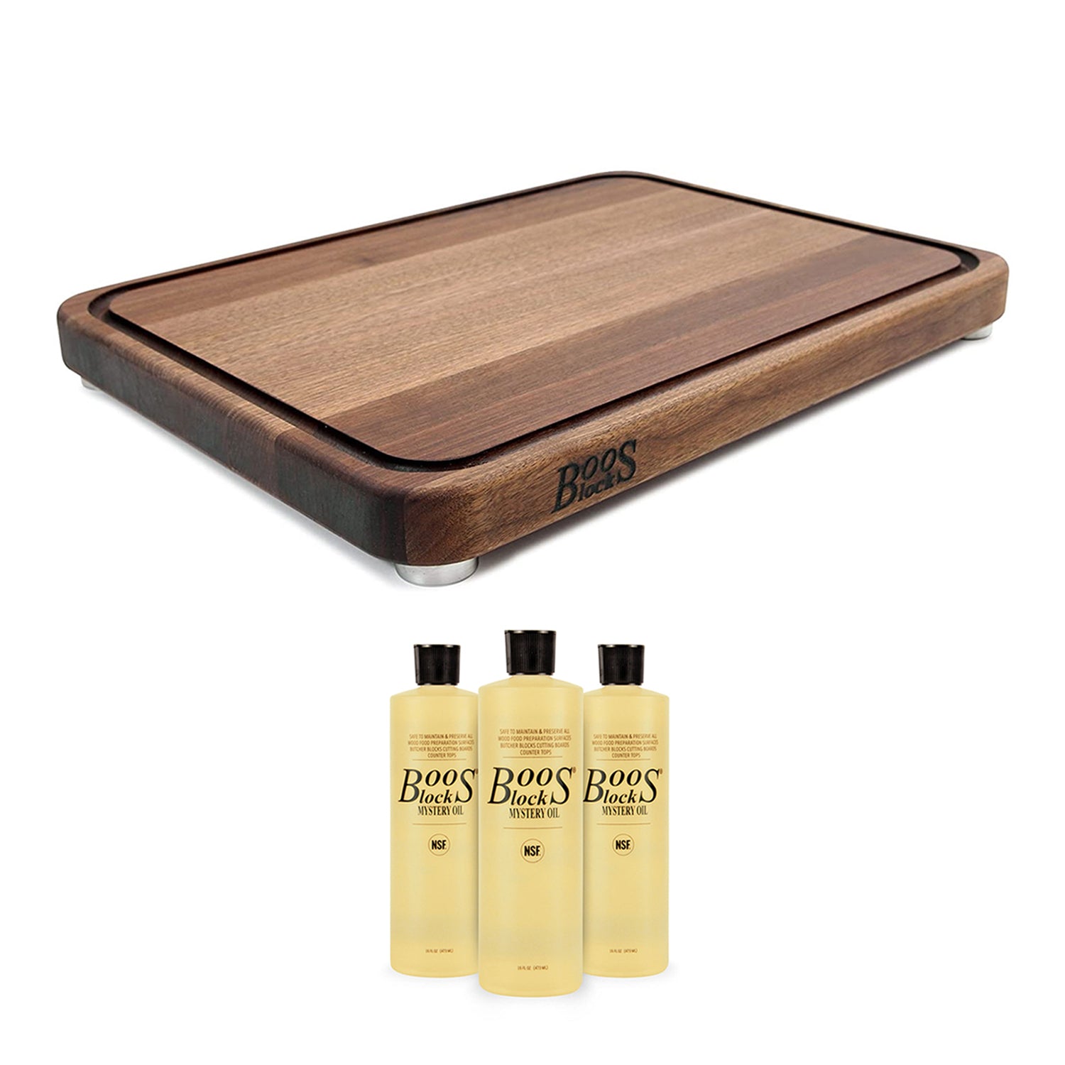 John Boos Tenmoku 20 x 15" Cutting Board with Steel Feet and Maintenance Oil Set - VMInnovations