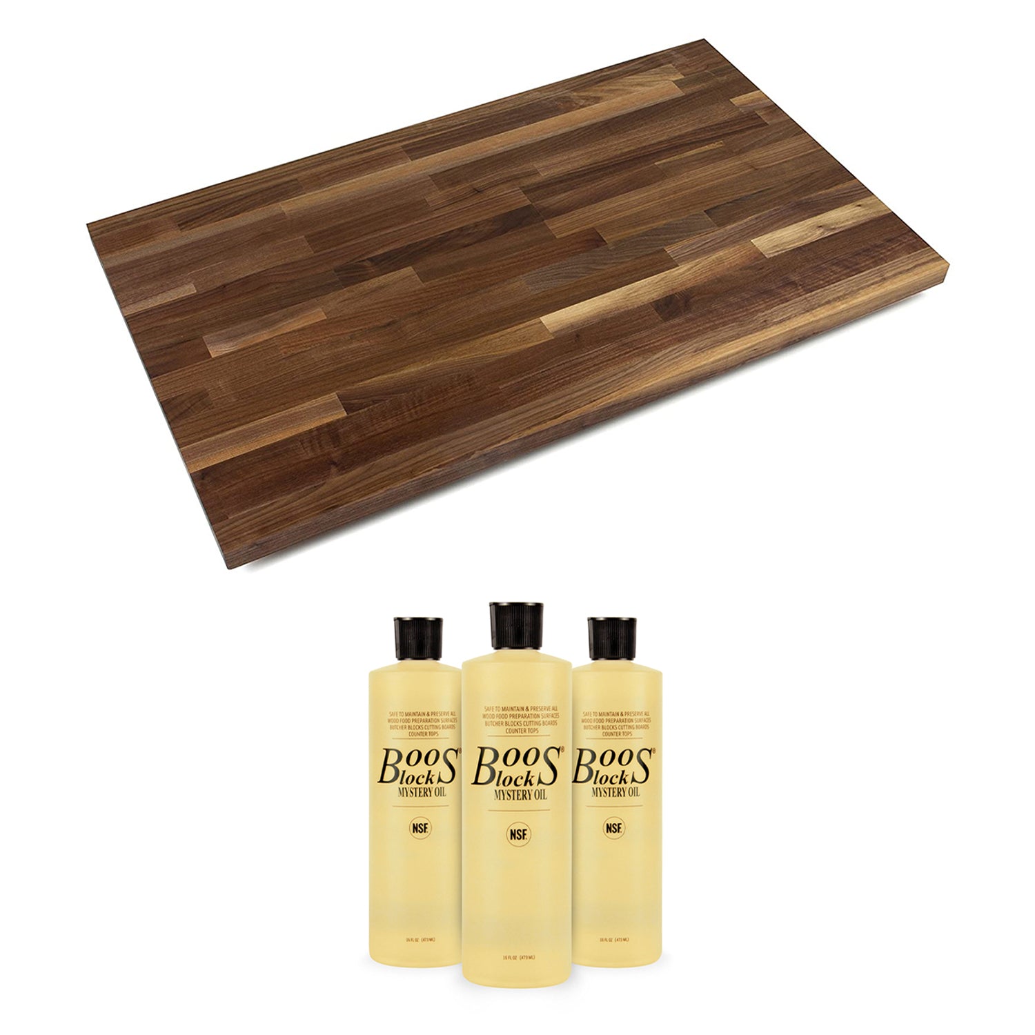 John Boos Walnut Wood Block 12 x 25 Cutting Board & 3 Piece Maintenance Oil Set