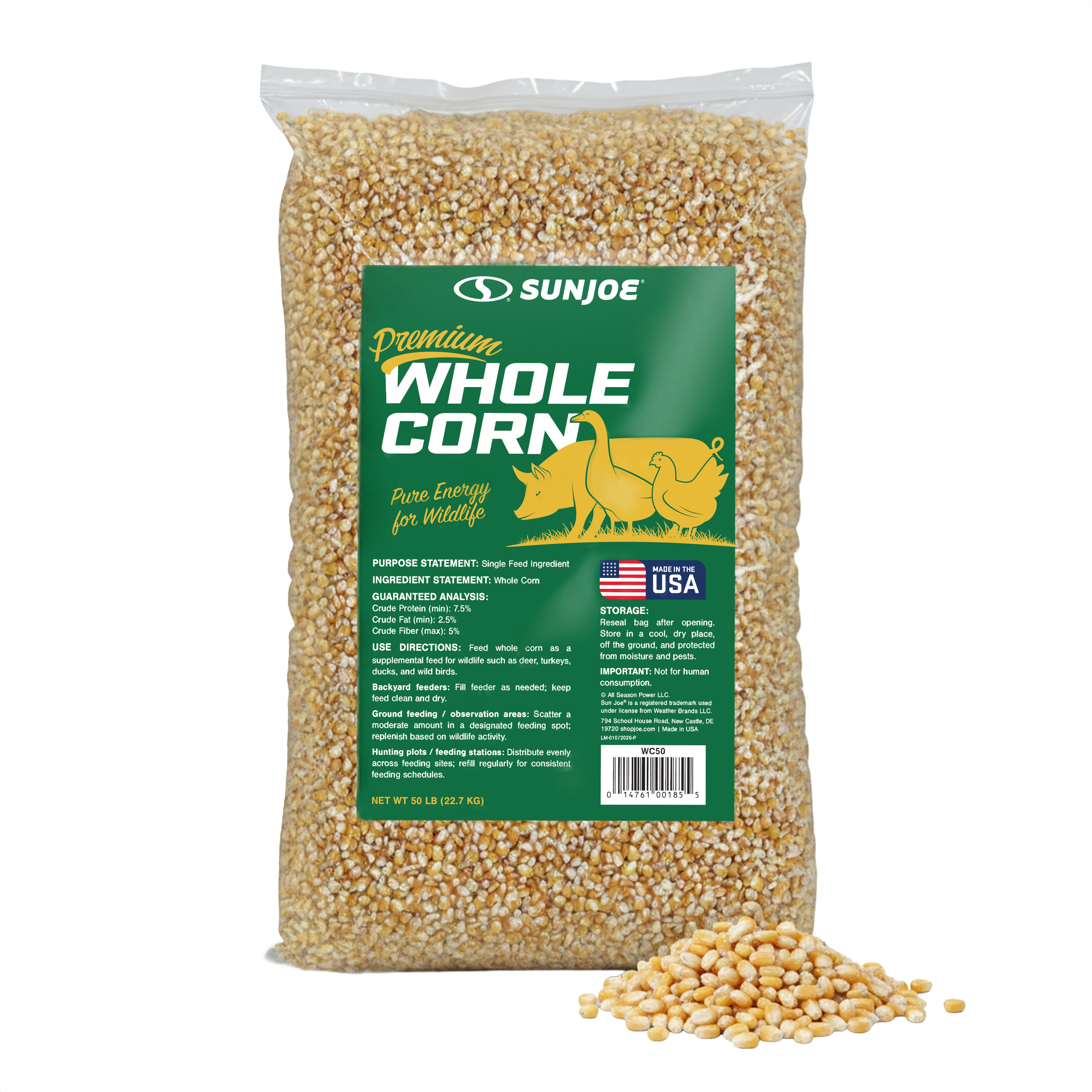 Sun Joe Whole Corn, All Season Feed for Wildlife and Outdoor Feeding, 50 lb Bag - VMInnovations