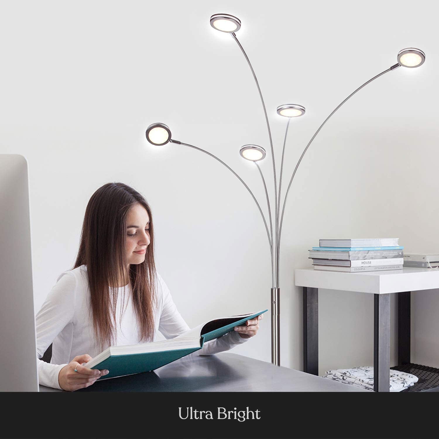 Brightech Orion 5 LED Adjustable Bright Standing Touch Sensor Floor Lamp, Nickel (Refurbished)