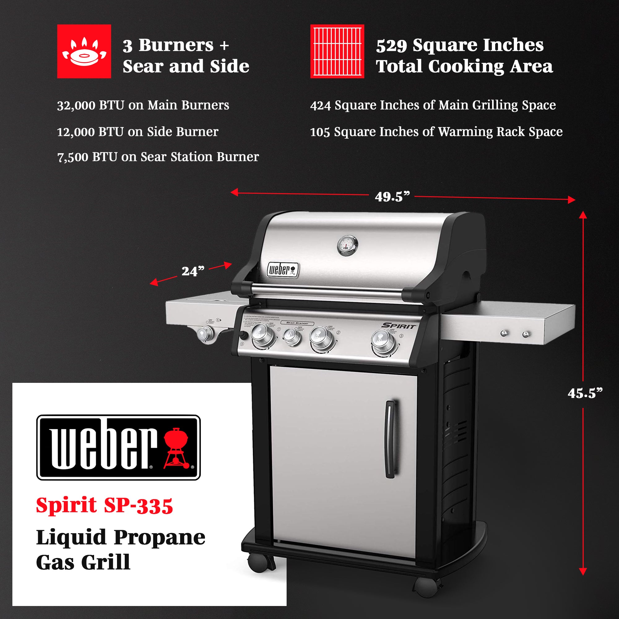 Weber Spirit SP-335 Stainless Steel 3 Burner 32000 BTUs Liquid Propane Gas Grill - VMInnovations