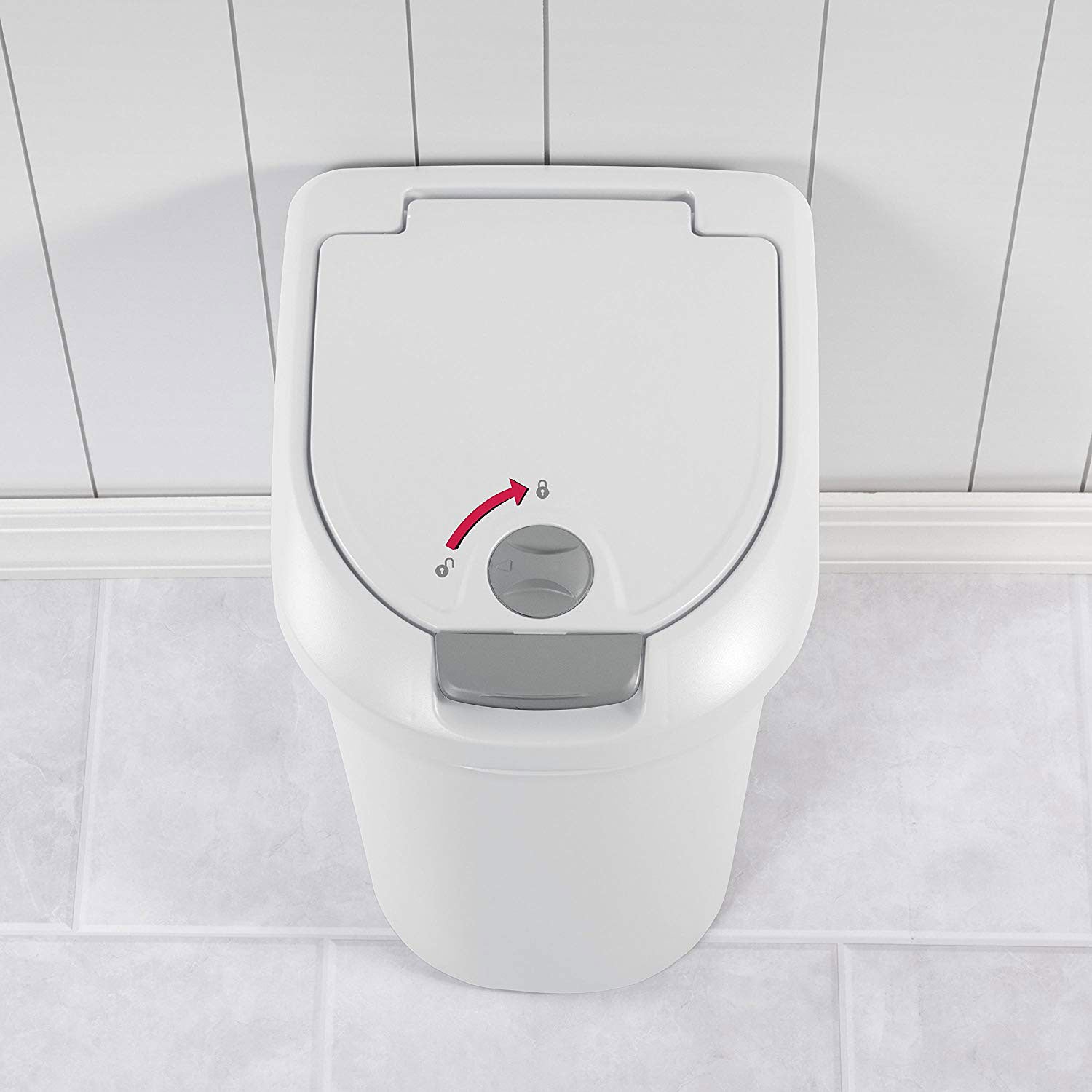 Sterilite 10998004 7.3-Gallon Secure Locking Touch Top Wastebasket, White