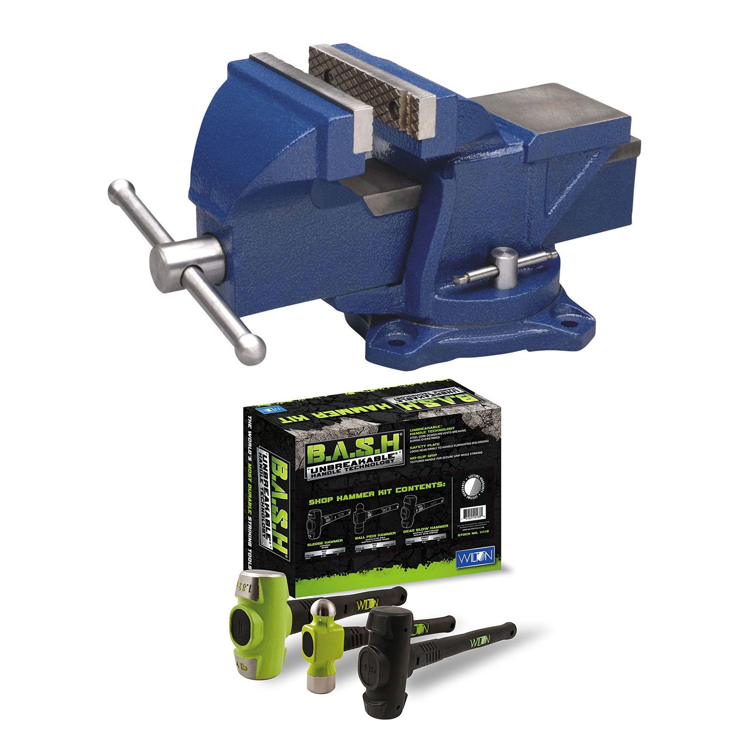 Wilton 4 Inch Anvil Work Bench Vise + 3 Piece Steel Unbreakable Hammer Set - VMInnovations