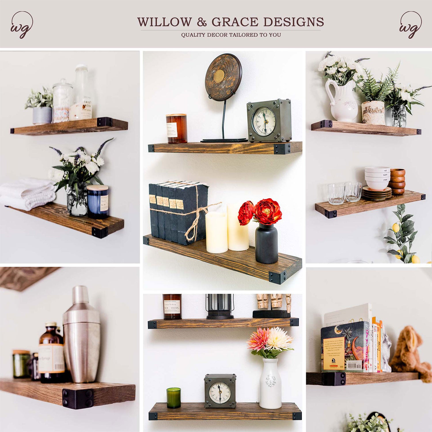 Willow & Grace Dennis 24" Floating Wood Wall Mount Shelves, Walnut (Open Box) - VMInnovations