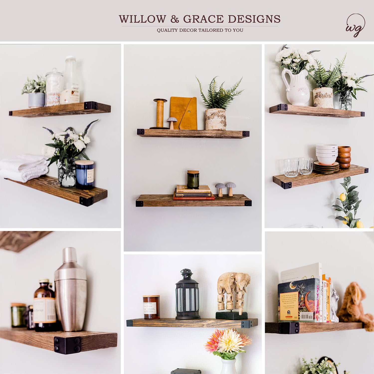Willow & Grace Dennis 24" Floating Wood Wall Mount Shelves, Walnut (Open Box) - VMInnovations