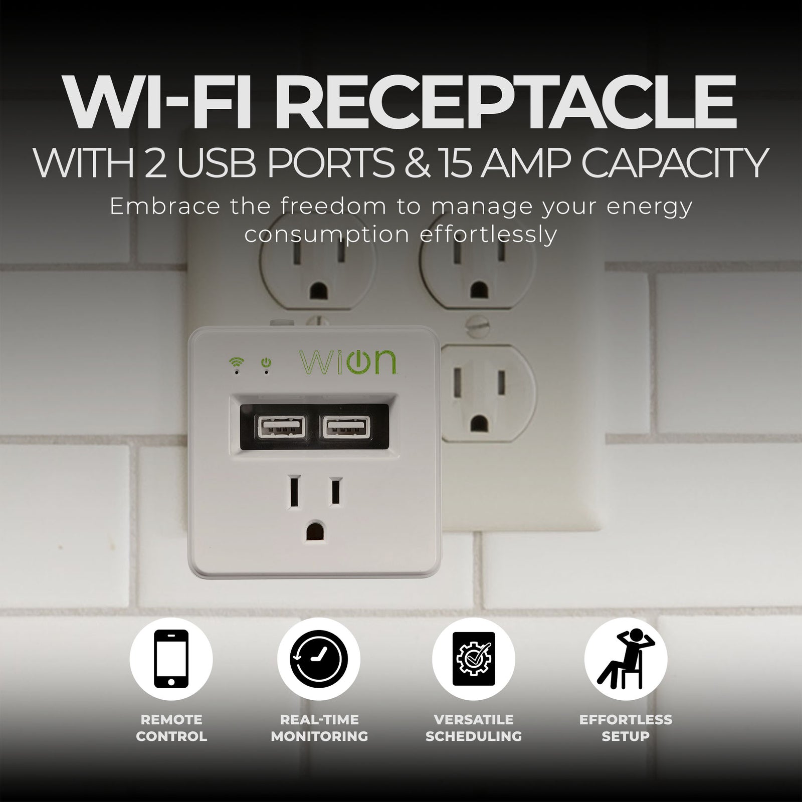 Wion 15 Amp Grounded Outlet WiFi Receptacle and 2 USB Ports, On/Off Settings - VMInnovations