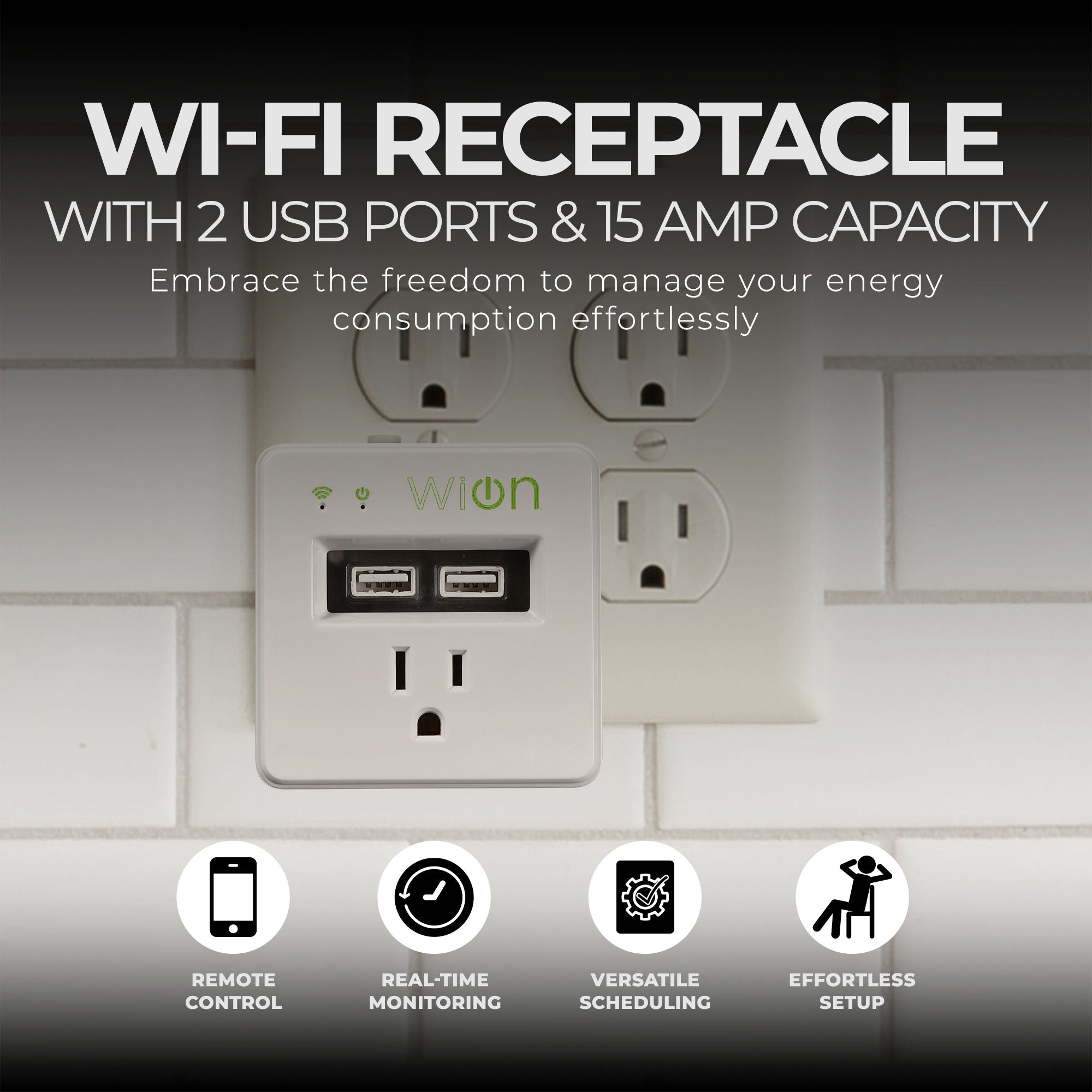 Wion 15 Amp Grounded WiFi Receptacle, 2 USB Ports, On/Off Settings (Open Box) - VMInnovations