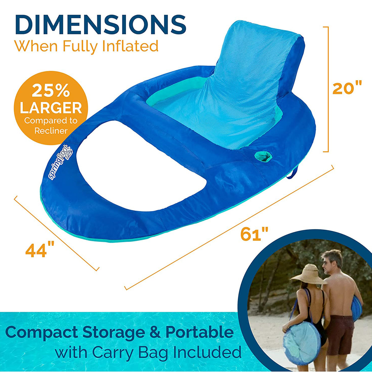 SwimWays XL Spring Float Recliner Water Relaxation Lounge Seat, Blue (Used)