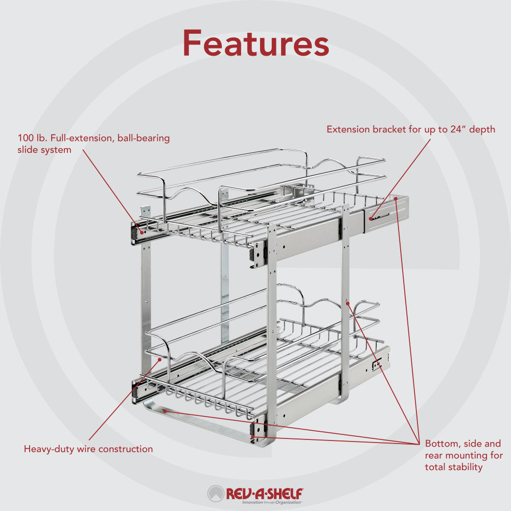Rev-A-Shelf 12" x 22" 2-Tier Cabinet Pull Out Wire Baskets, Chrome (Refurbished)