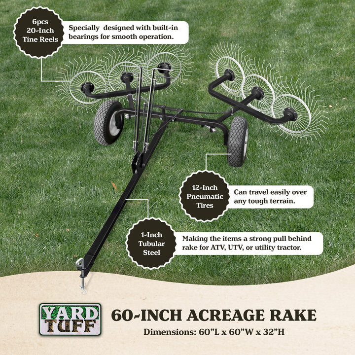 Yard Tuff 60” Steel Tow Behind Acreage Rake Lawn Sweeper with Pin Style Hitch - VMInnovations
