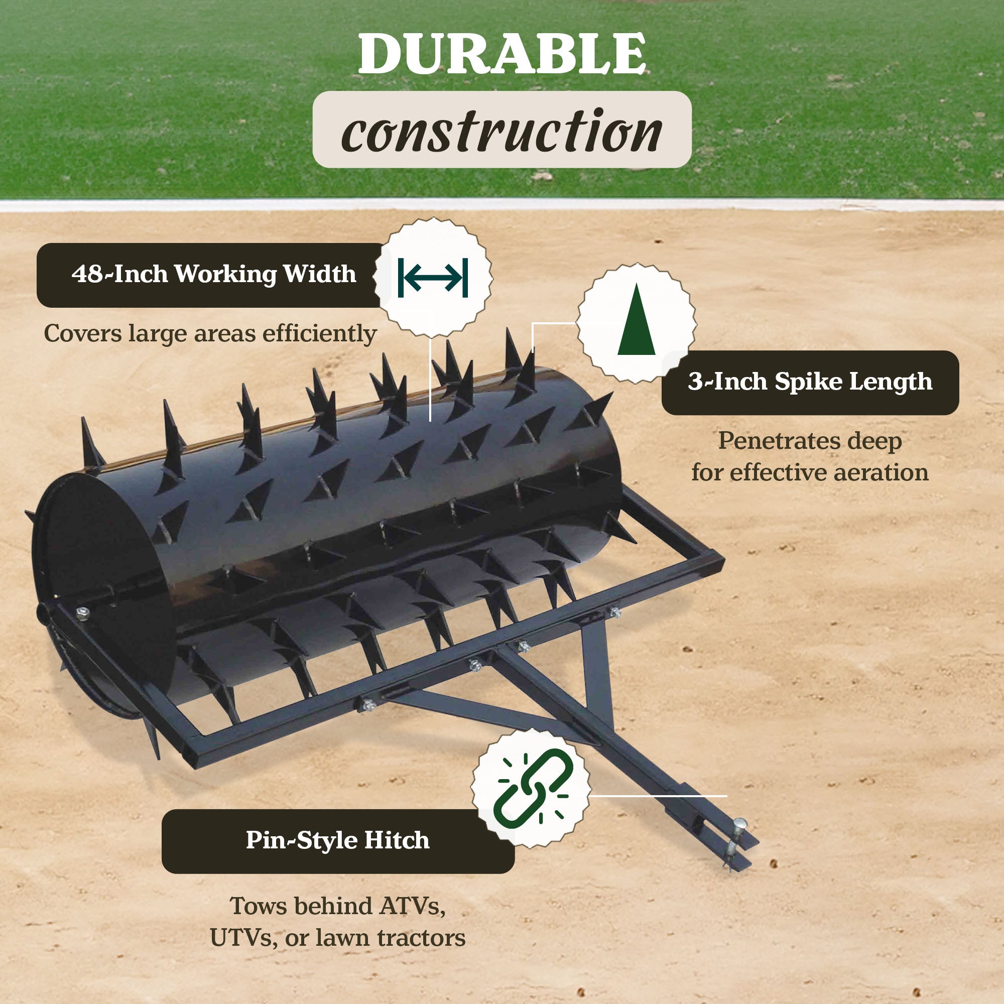 Yard Tuff 48" Wide Drum Spike Aerator w/Pin Style Hitch for Gardening (Open Box)