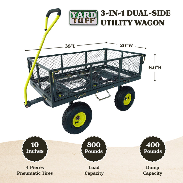 Yard Tuff 3 in 1 Dual-Side Dump Utility Wagon for Garden with Fold-Down Sides - VMInnovations