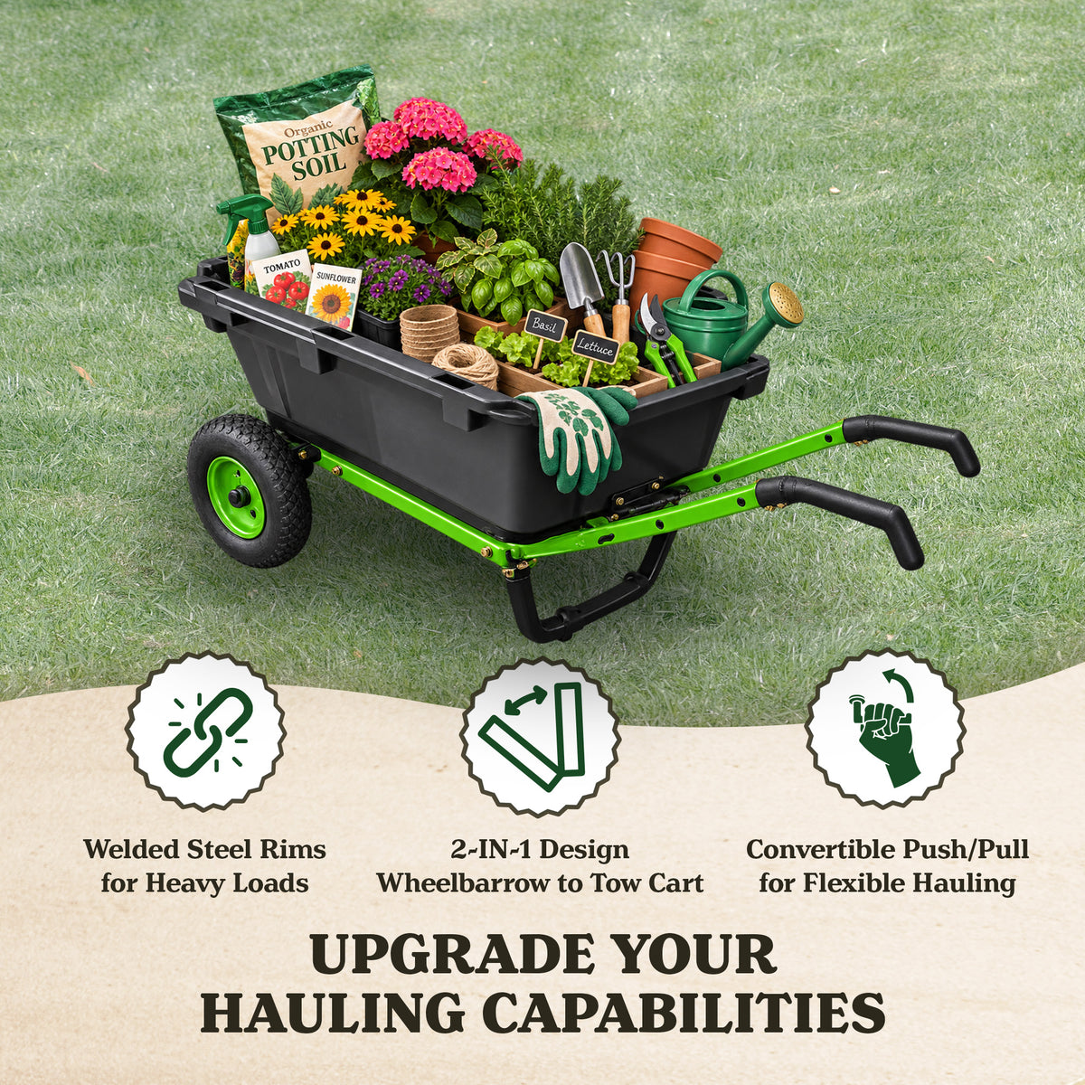 Yard Tuff 7 Cu Ft Poly Yard Cart Wheelbarrow, Tow Behind, 600 Lb Capacity