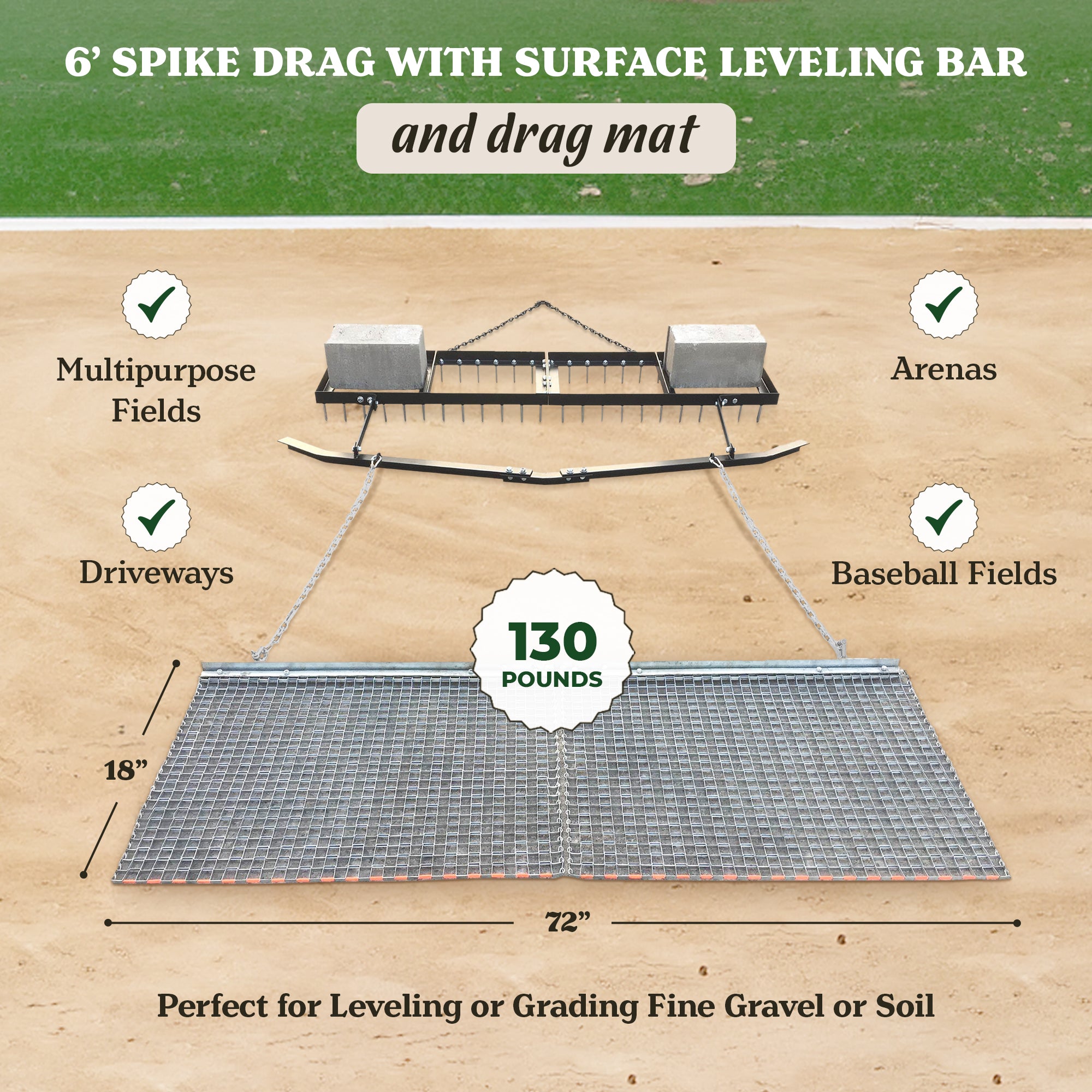 Yard Tuff 6' Spike Drag with Leveling Bar & Drag Mat for ATV/UTVs (Open Box) - VMInnovations