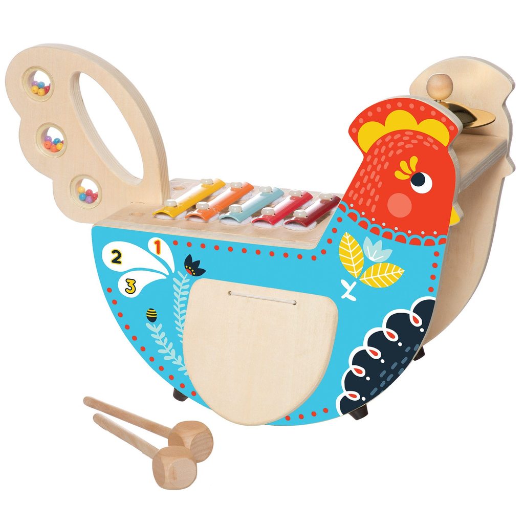 Manhattan Toy Musical Colorful Chicken Wooden Instrument with 5 Attachments