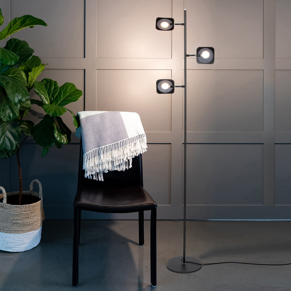 Brightech Tree LED Spotlight Super Bright 3 Light Standing Floor Lamp, Jet Black