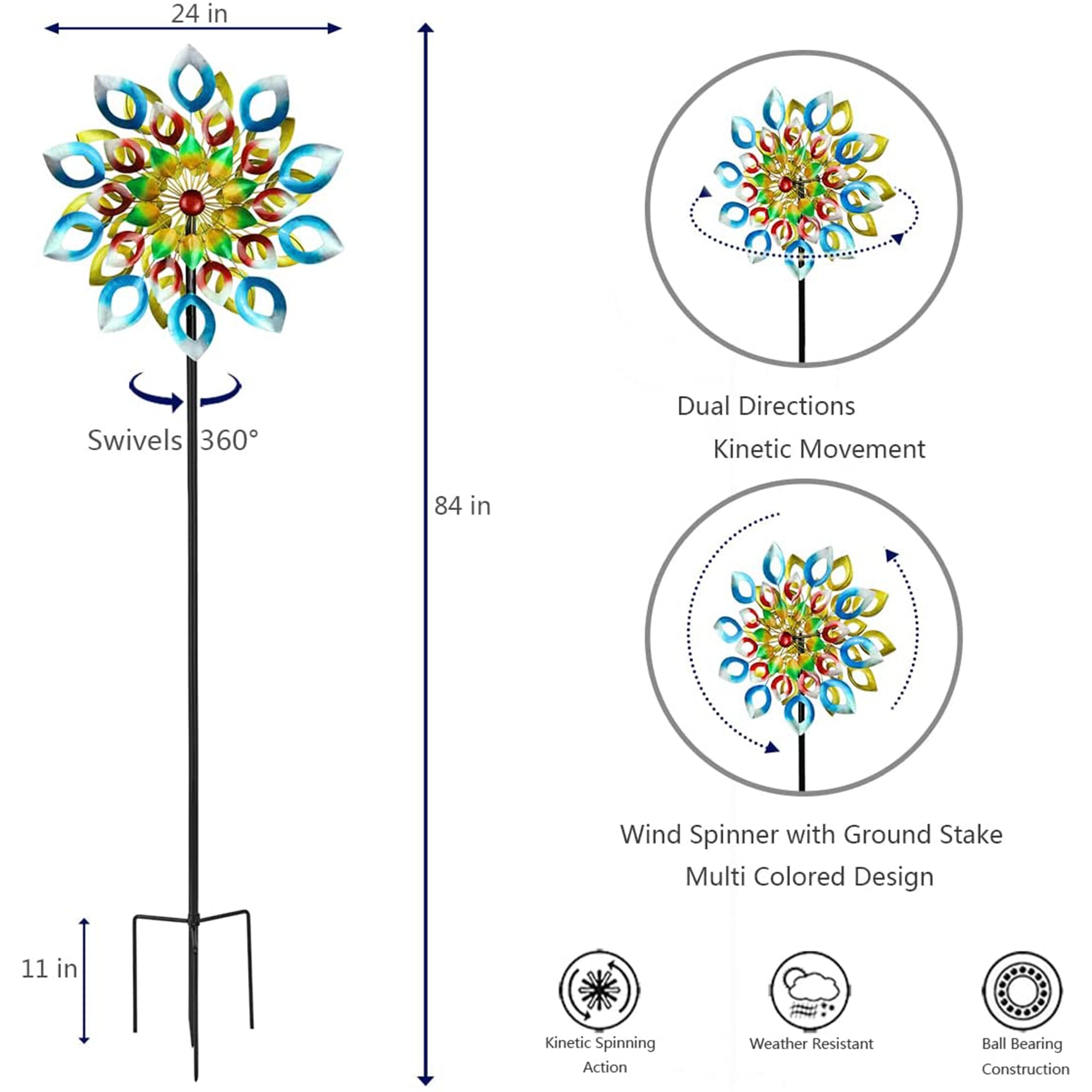 Hourpark Rainbow Series Outdoor Decor Fading Flower Wind Spinner (Open Box) - VMInnovations