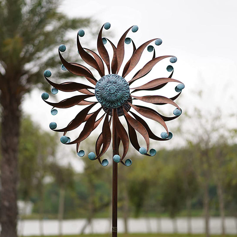 Hourpark 84" Chrysanthemum Flower Outdoor Wind Spinner w/Stake, Bronze & Blue