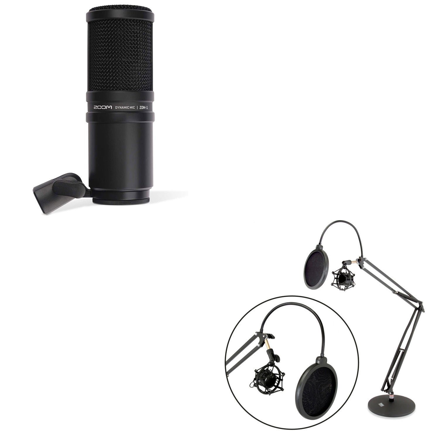 Zoom ZDM-1 Dynamic Audio Recorder Microphone + Pyle Microphone Desktop Stand