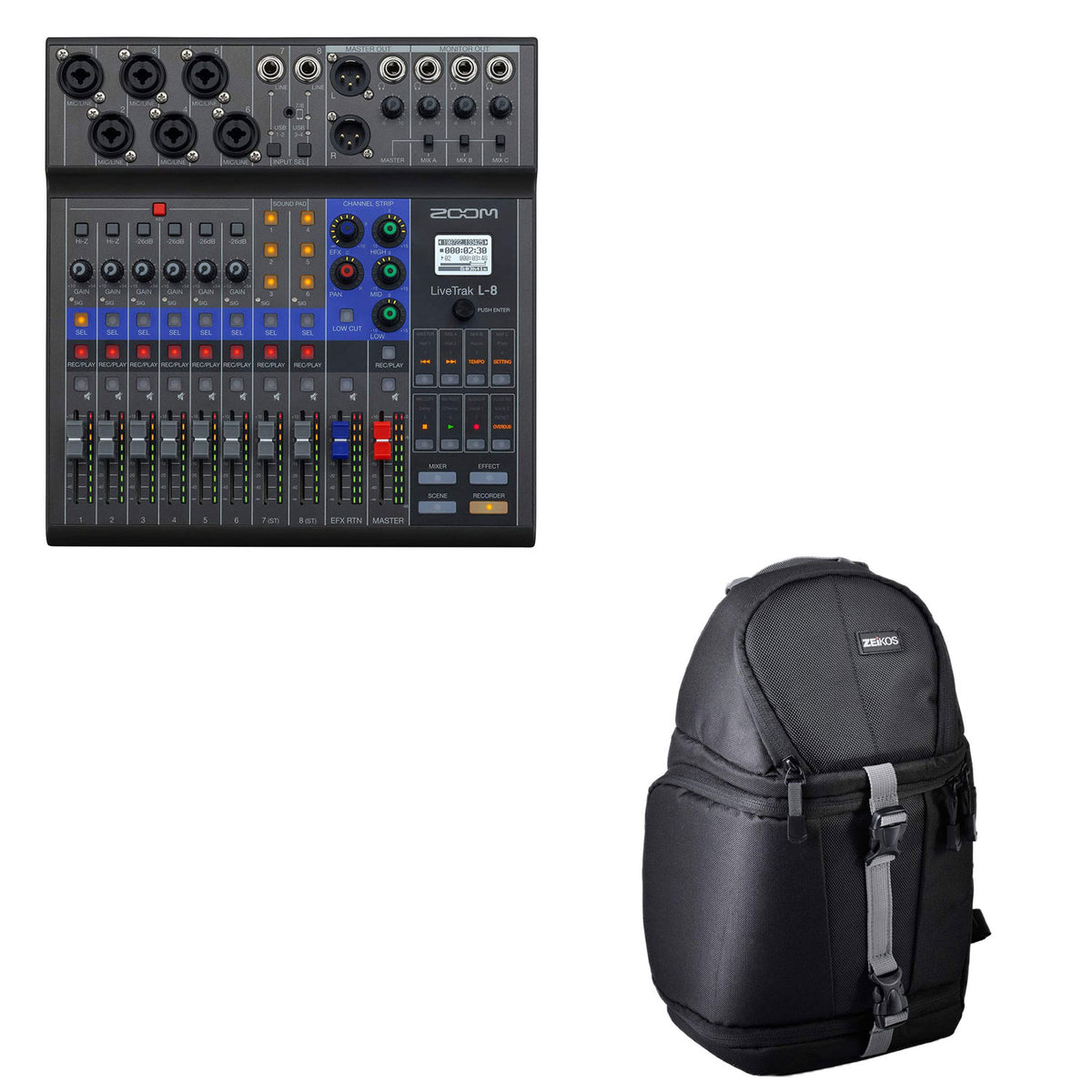 Zoom LiveTrak L-8 8 Channel Digital Audio Recorder & Mixer with Zeikos Sling Bag