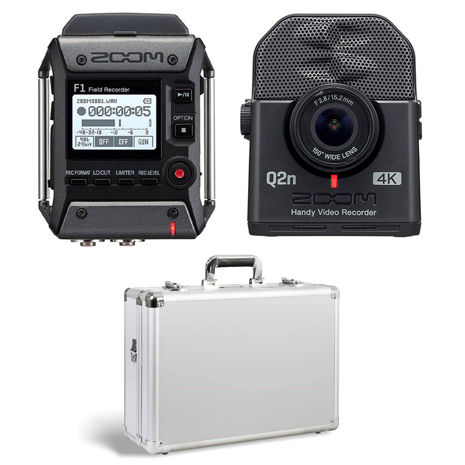 Zoom F1 Digital Audio Recorder with Mic, Q2N4K Compact 4K Camera & Case, White