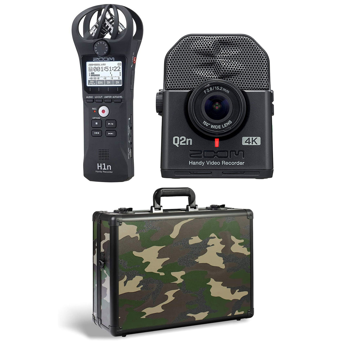Zoom H1N Wireless Digital Audio Recorder, Q2N4K Compact 4K Camera & Case, Camo