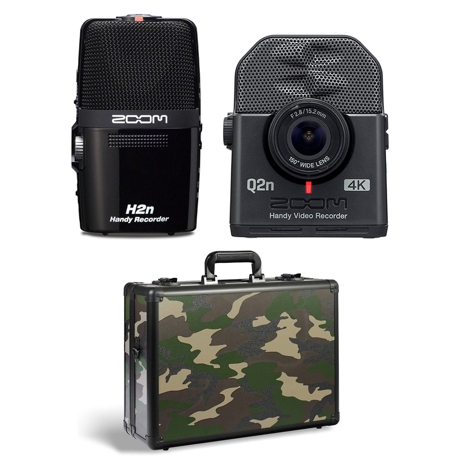 Zoom H2N 4 Track Digital Audio Recorder, Q2N4K Compact 4K Camera & Case, Camo
