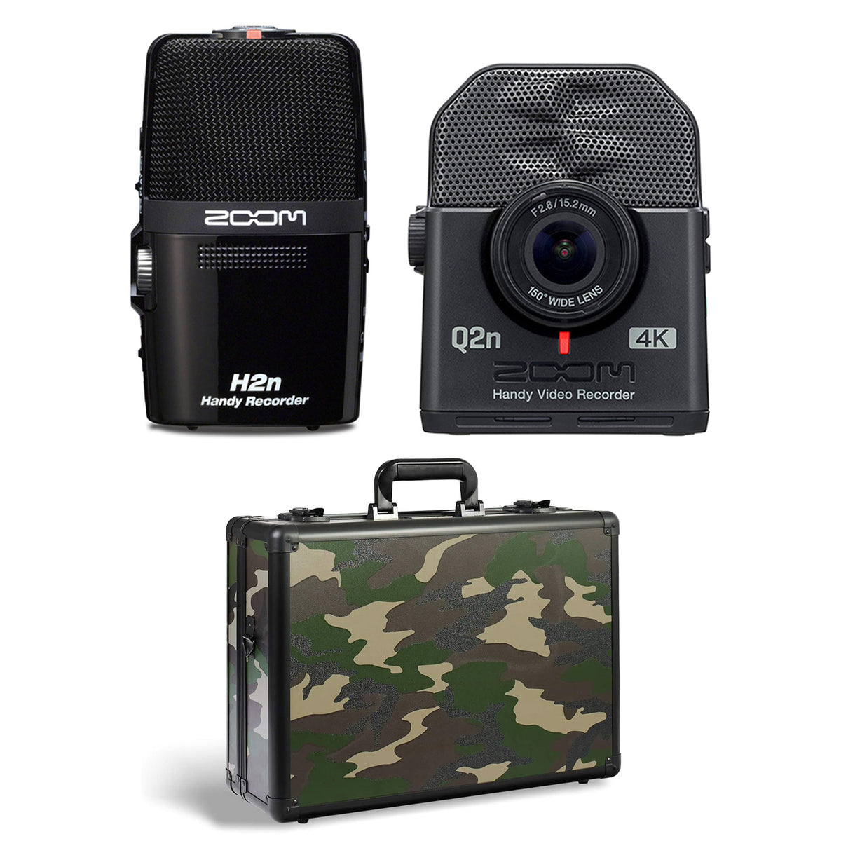 Zoom H2N 4 Track Digital Audio Recorder, Q2N4K Compact 4K Camera & Case, Camo