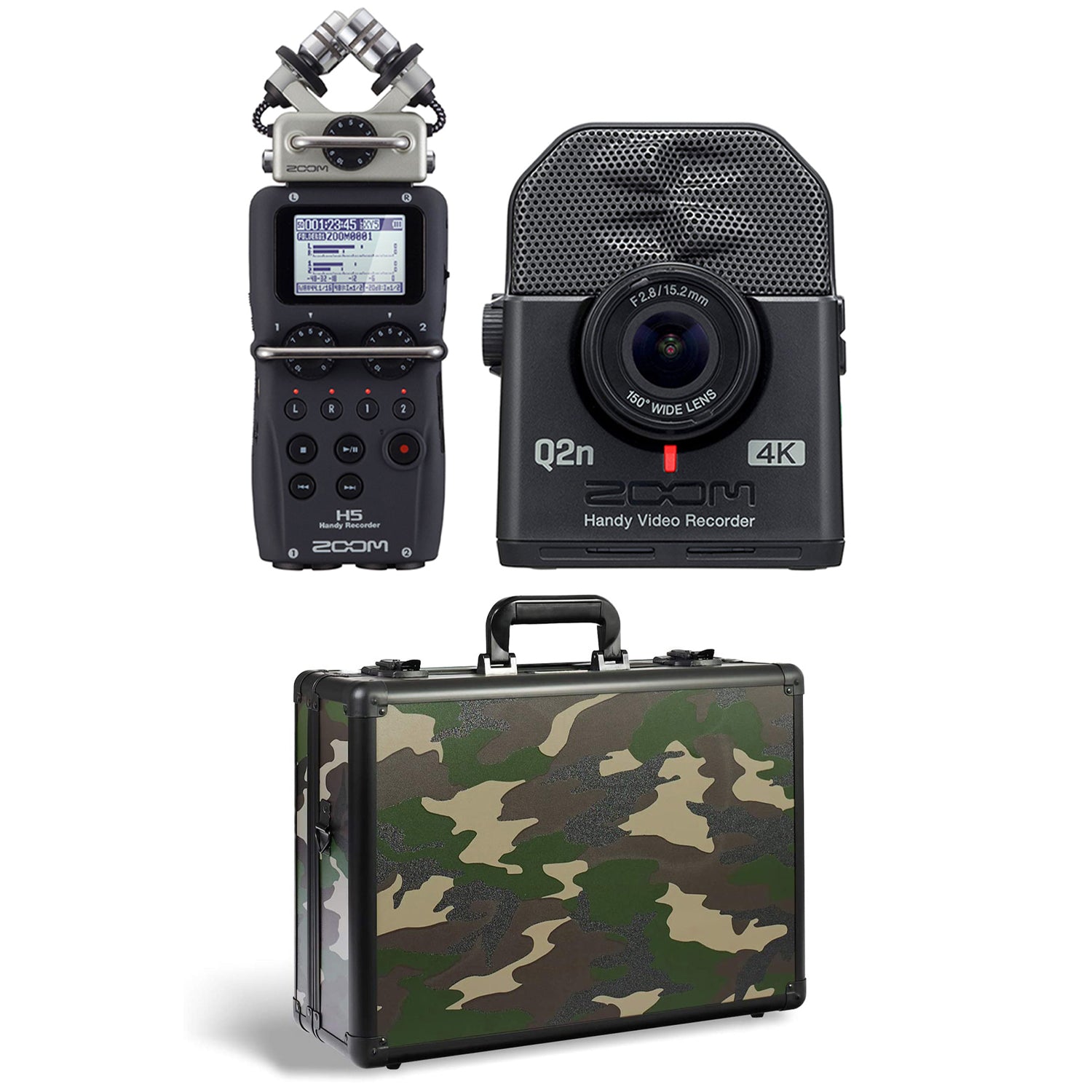 Zoom H5 4 Track Digital Audio Recorder and Q2N4K Compact 4K Camera & Case, Camo - VMInnovations