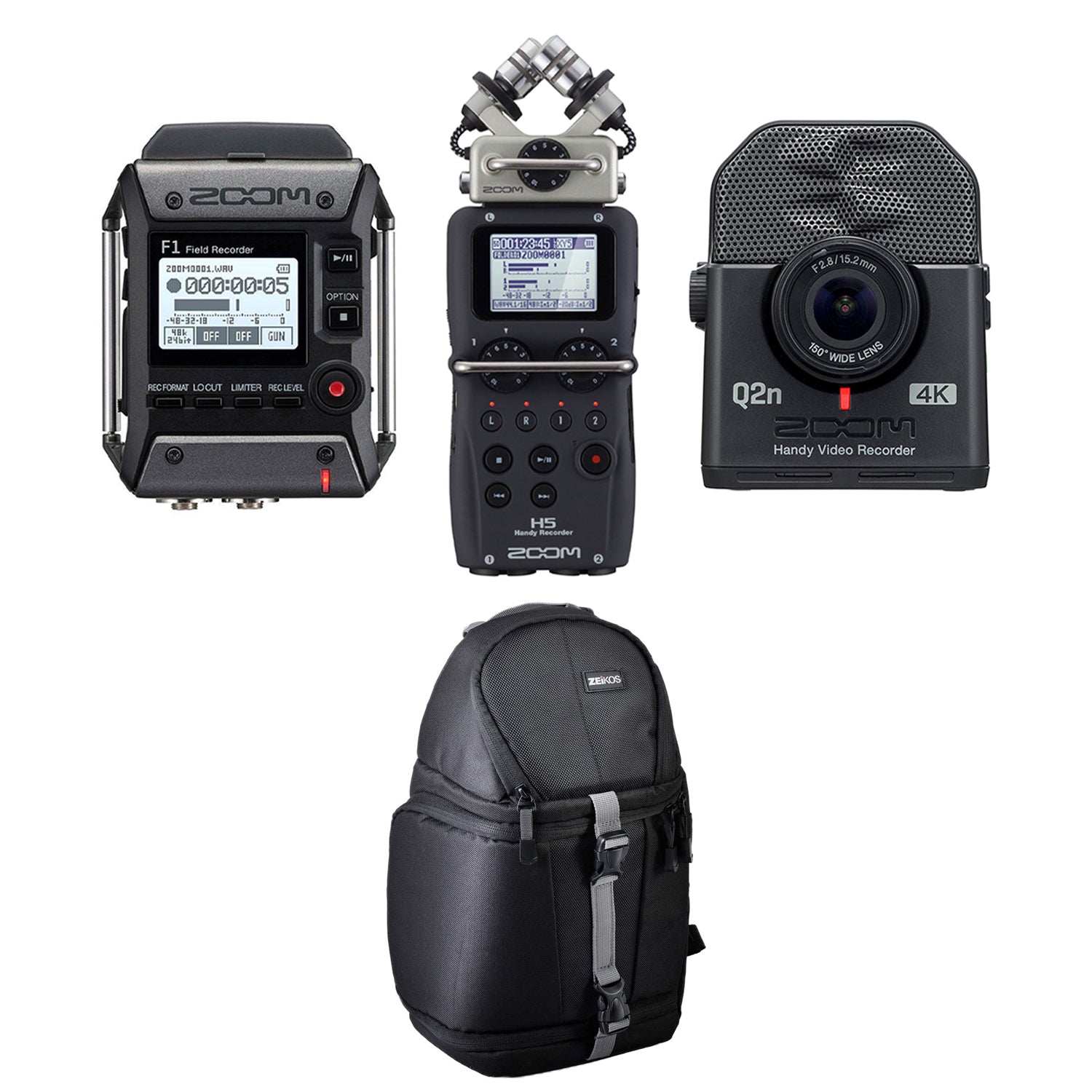 Zoom H5 & F1 Digital Audio Recorders, Q2N4K Recorder 4K Camera & Bag, Black
