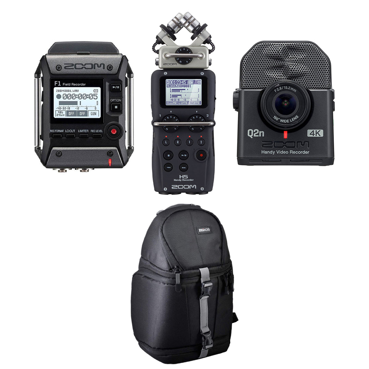 Zoom H5 & F1 Digital Audio Recorders, Q2N4K Recorder 4K Camera & Bag, Black