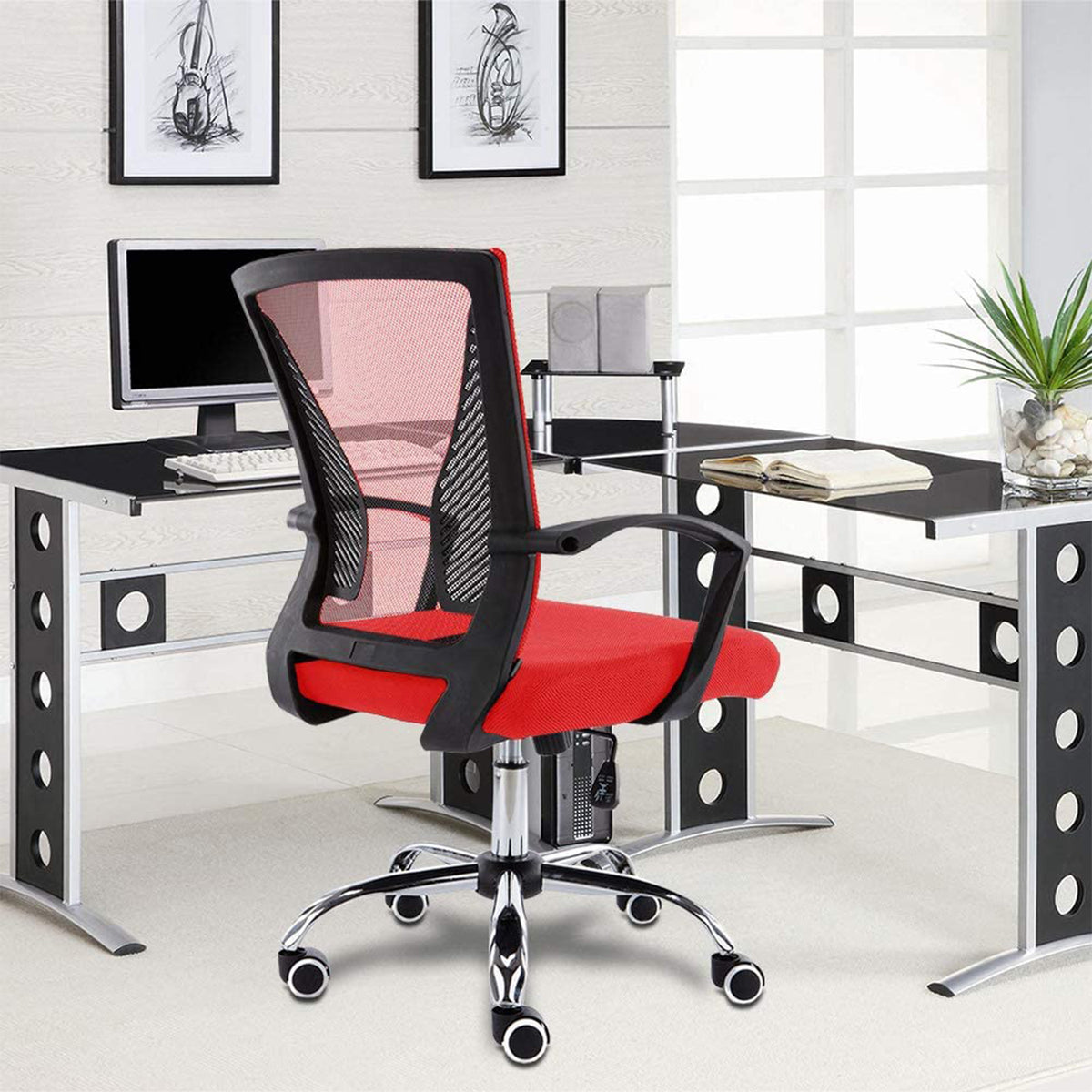 Modern Home Zuna Ergonomic Mesh Mid Back Office Desk Rolling Chair, Black & Red
