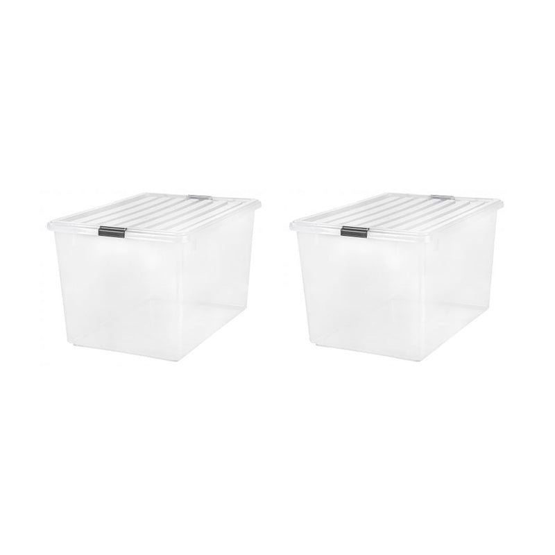 IRIS Large 132 Qt Buckle Down Snap Handle Storage Caddy Bin Tote w/ Lid, Clear (2 Pack)
