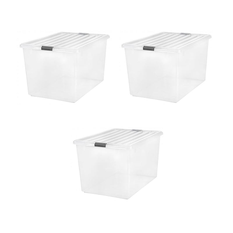 IRIS Large 132 Qt Buckle Down Snap Handle Storage Caddy Bin Tote w/ Lid, Clear (3 Pack)