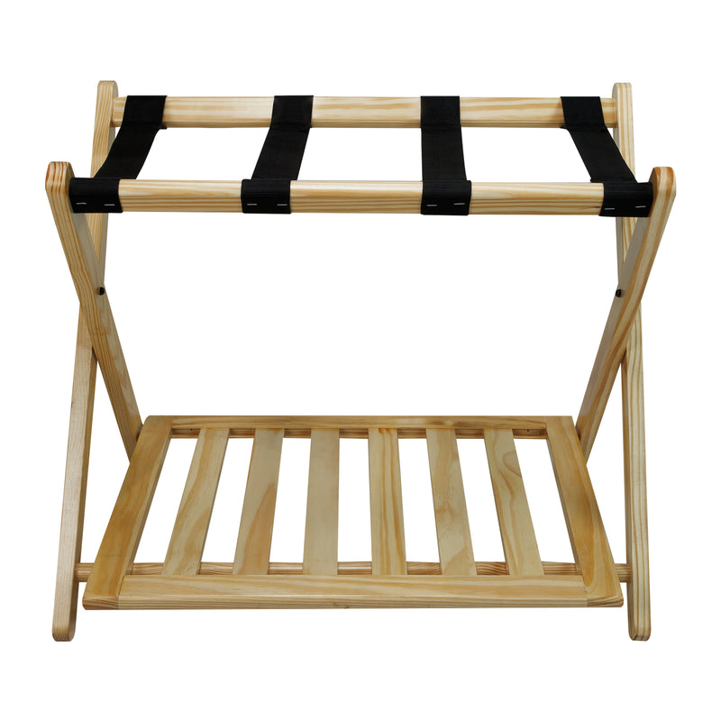 Casual Home Hotel Style Solid Pine Wood Folding Luggage Rack with Shelf, Natural