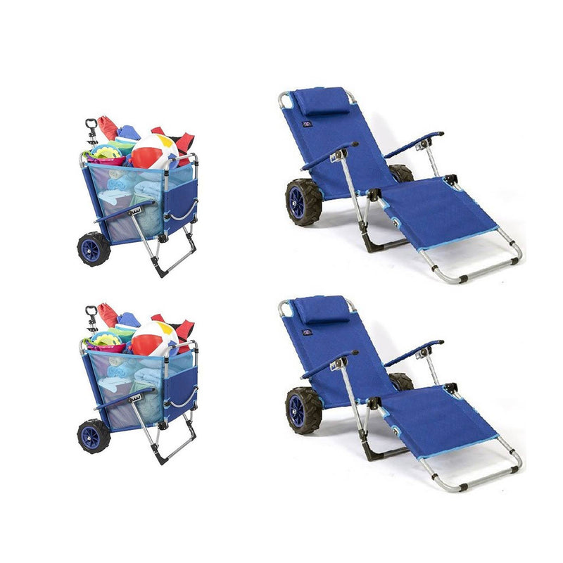 Mac Sports Beach Foldable Chaise Lounge Chair & Integrated Pull Cart (2 Pack)