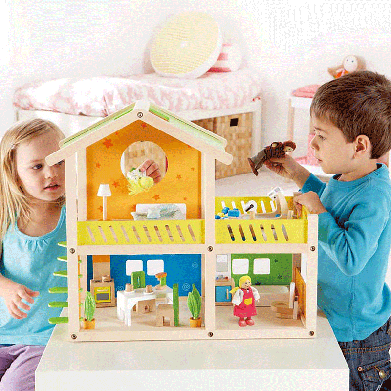 Hape Happy Villa Wooden Kids Toy House Dollhouse w/ Dolls and Furniture (2 Pack)