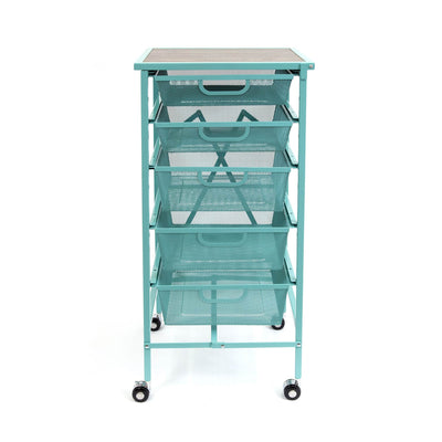 Origami Wheeled Folding Steel 5 Drawer Storage Kitchen Cart Wood Top, Turquoise - VMInnovations