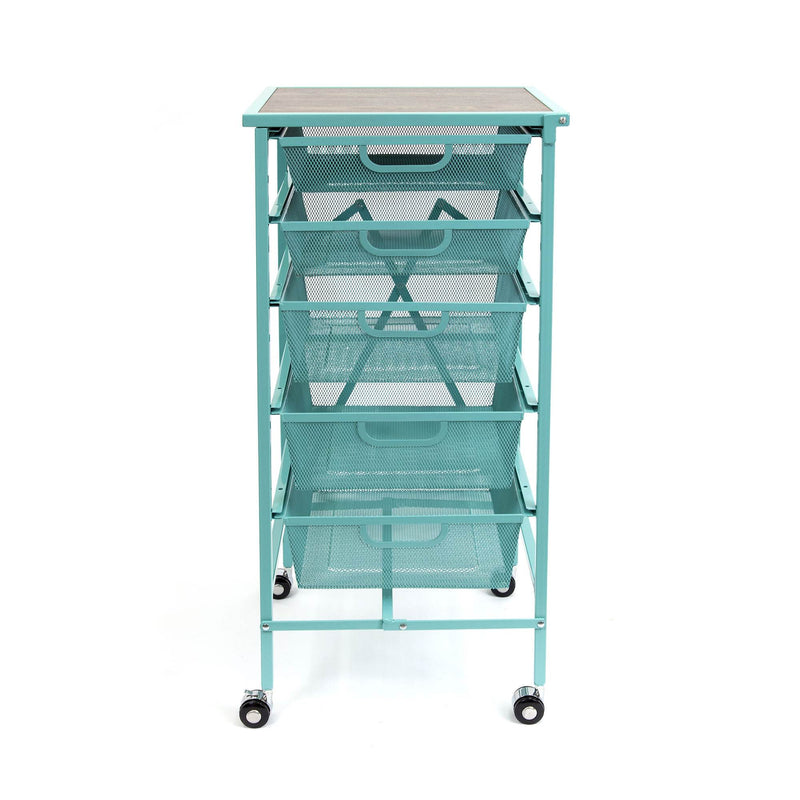 Origami Wheeled Folding Steel 5 Drawer Storage Kitchen Cart Wood Top, Turquoise - VMInnovations